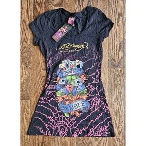 NWT Ed Hardy Christian Audigier Rhinestone Love To Gamble Devil T Shirt XS Y2K